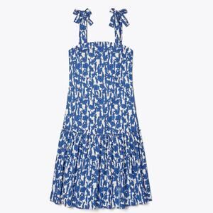 TORY BURCH Drop Waist Floral Tie Shoulder Midi Dress Blue Hibiscus